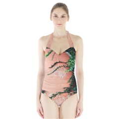 Background Stone Wall Pink Tree Halter Swimsuit by Nexatart