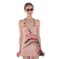 Background Stone Wall Pink Tree Halter Swimsuit Dress by Nexatart