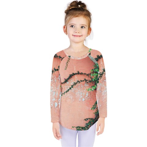 Background Stone Wall Pink Tree Kids  Long Sleeve Tee by Nexatart