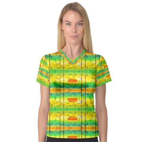 Birds Beach Sun Abstract Pattern Women s V-neck Sport Mesh Tee by Nexatart