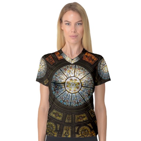 Black And Borwn Stained Glass Dome Roof Women s V-neck Sport Mesh Tee by Nexatart