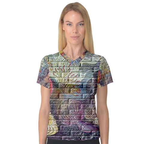 Brick Of Walls With Color Patterns Women s V-neck Sport Mesh Tee by Nexatart