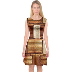 Brown Wall Tile Design Texture Pattern Capsleeve Midi Dress by Nexatart