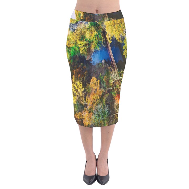 Bridge River Forest Trees Autumn Velvet Midi Pencil Skirt