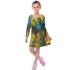 Bridge River Forest Trees Autumn Kids  Long Sleeve Velvet Dress by Nexatart