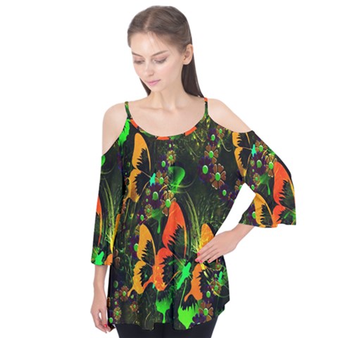 Butterfly Abstract Flowers Flutter Tees by Nexatart