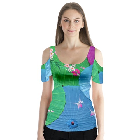 Chinese Umbrellas Screens Colorful Butterfly Sleeve Cutout Tee  by Nexatart