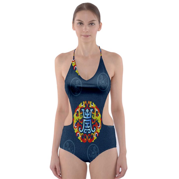 China Wind Dragon Cut-Out One Piece Swimsuit