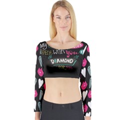 My Every Moment Spent With You Is Diamond To Me / Diamonds Hearts Lips Pattern (black) Long Sleeve Crop Top by FashionFling