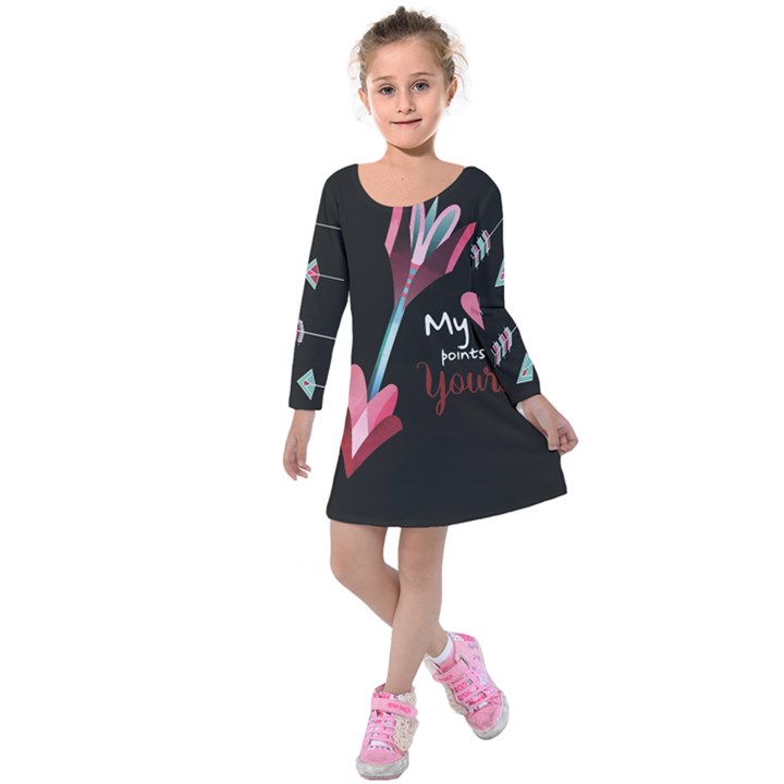 My Heart Points To Yours / Pink and Blue Cupid s Arrows (black) Kids  Long Sleeve Velvet Dress