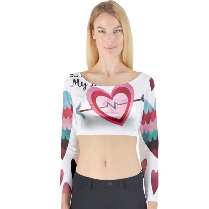 You Are My Beat / Pink And Teal Hearts Pattern (white)  Long Sleeve Crop Top