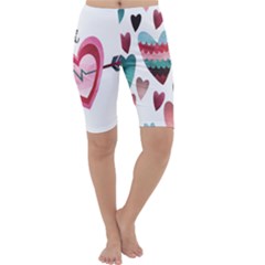 You Are My Beat / Pink And Teal Hearts Pattern (white)  Cropped Leggings  by FashionFling