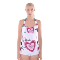 You Are My Beat / Pink And Teal Hearts Pattern (white)  Boyleg Halter Swimsuit  by FashionFling