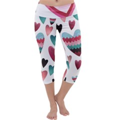 You Are My Beat / Pink And Teal Hearts Pattern (white)  Capri Yoga Leggings by FashionFling