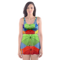 Color Umbrella Blue Sky Red Pink Grey And Green Folding Umbrella Painting Skater Dress Swimsuit by Nexatart