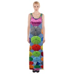 Color Umbrella Blue Sky Red Pink Grey And Green Folding Umbrella Painting Maxi Thigh Split Dress by Nexatart