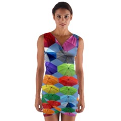 Color Umbrella Blue Sky Red Pink Grey And Green Folding Umbrella Painting Wrap Front Bodycon Dress by Nexatart