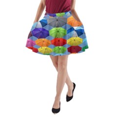 Color Umbrella Blue Sky Red Pink Grey And Green Folding Umbrella Painting A-line Pocket Skirt by Nexatart