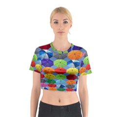 Color Umbrella Blue Sky Red Pink Grey And Green Folding Umbrella Painting Cotton Crop Top by Nexatart