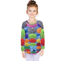 Color Umbrella Blue Sky Red Pink Grey And Green Folding Umbrella Painting Kids  Long Sleeve Tee