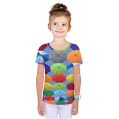 Color Umbrella Blue Sky Red Pink Grey And Green Folding Umbrella Painting Kids  One Piece Tee