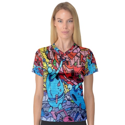 Colorful Graffiti Art Women s V-neck Sport Mesh Tee by Nexatart