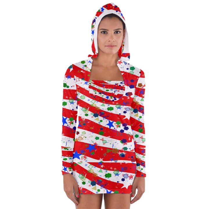 Confetti Star Parade Usa Lines Women s Long Sleeve Hooded T-shirt