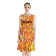 Crazy Patterns In Yellow Sleeveless Chiffon Waist Tie Dress