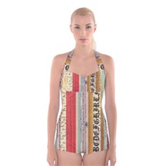 Digitally Created Collage Pattern Made Up Of Patterned Stripes Boyleg Halter Swimsuit 