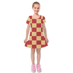 Fabric Geometric Red Gold Block Kids  Short Sleeve Velvet Dress by Nexatart