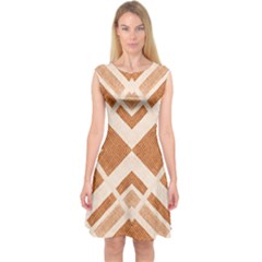 Fabric Textile Tan Beige Geometric Capsleeve Midi Dress