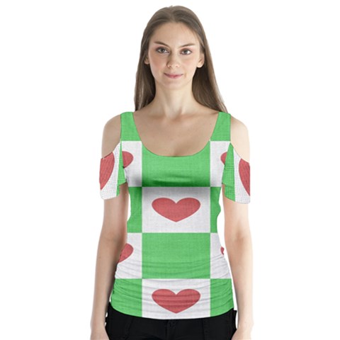 Fabric Texture Hearts Checkerboard Butterfly Sleeve Cutout Tee  by Nexatart