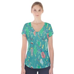 Floral Elegant Background Short Sleeve Front Detail Top by Nexatart