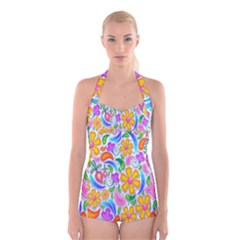 Floral Paisley Background Flower Boyleg Halter Swimsuit  by Nexatart