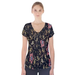 Floral Pattern Background Short Sleeve Front Detail Top by Nexatart