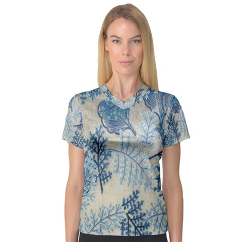 Flowers Blue Patterns Fabric Women s V-neck Sport Mesh Tee by Nexatart