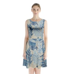 Flowers Blue Patterns Fabric Sleeveless Chiffon Waist Tie Dress