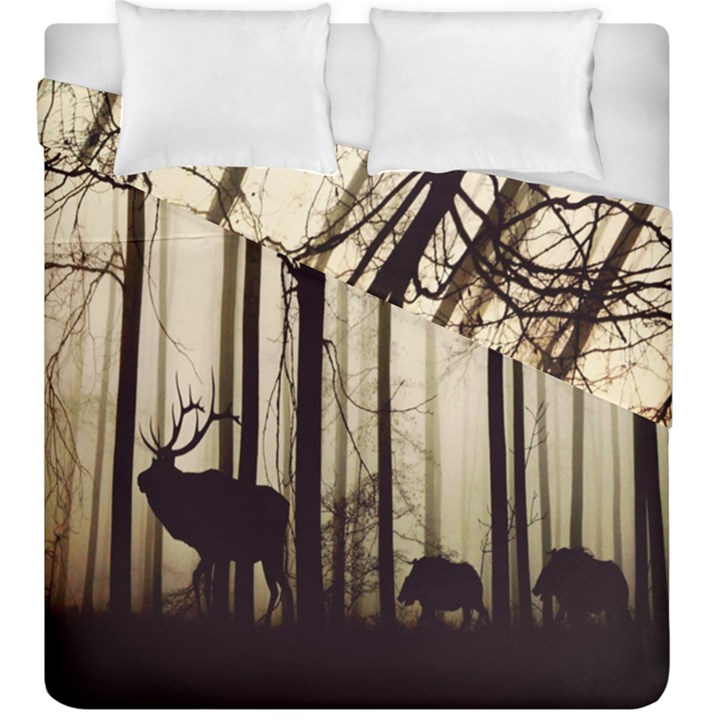 Forest Fog Hirsch Wild Boars Duvet Cover Double Side (King Size)