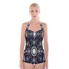 Fractal Beige Blue Abstract Boyleg Halter Swimsuit 