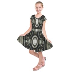 Fractal Beige Blue Abstract Kids  Short Sleeve Dress