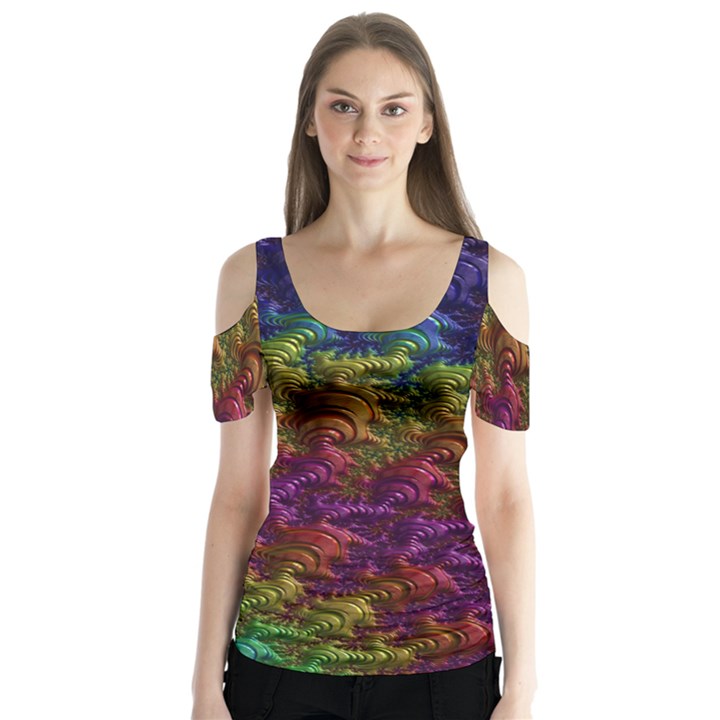 Fractal Art Design Colorful Butterfly Sleeve Cutout Tee 