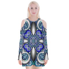 Fractal Cathedral Pattern Mosaic Velvet Long Sleeve Shoulder Cutout Dress