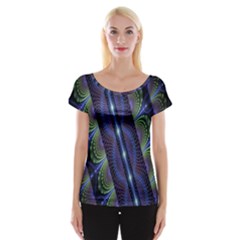 Fractal Blue Lines Colorful Women s Cap Sleeve Top