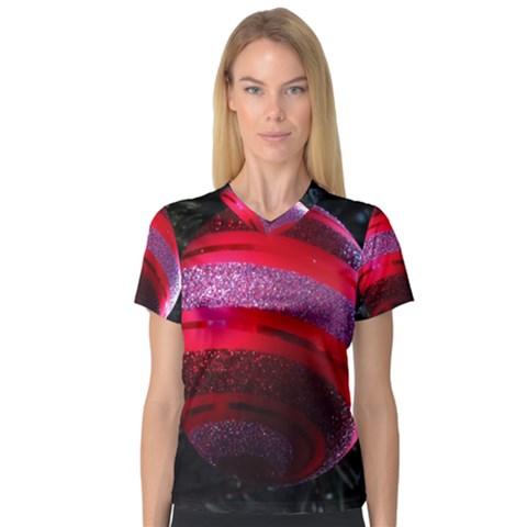 Glass Ball Decorated Beautiful Red Women s V-neck Sport Mesh Tee by Nexatart