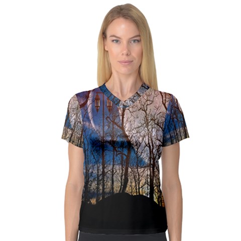 Full Moon Forest Night Darkness Women s V-neck Sport Mesh Tee by Nexatart