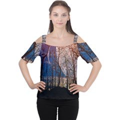 Full Moon Forest Night Darkness Women s Cutout Shoulder Tee