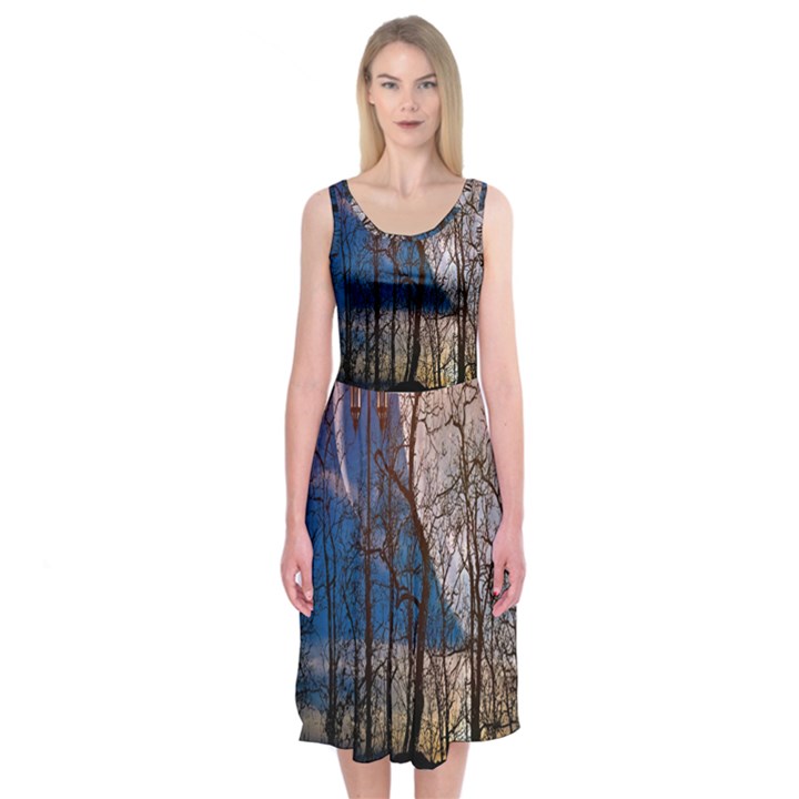 Full Moon Forest Night Darkness Midi Sleeveless Dress