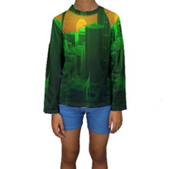 Green Building City Night Kids  Long Sleeve Swimwear by Nexatart