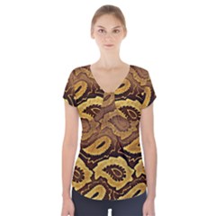 Golden Patterned Paper Short Sleeve Front Detail Top