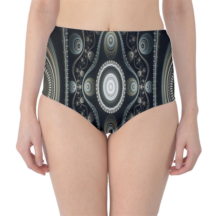 Fractal Beige Blue Abstract High-Waist Bikini Bottoms